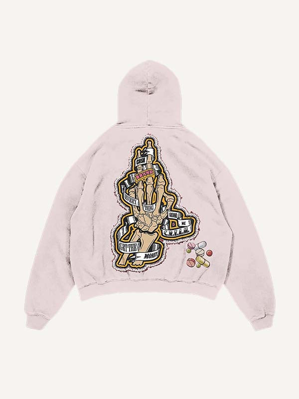 Distressed Washed Skeleton Injection Medicine&Letter Faux Decal Print Slant Pockets Hoodie