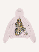 Distressed Washed Skeleton Injection Medicine&Letter Faux Decal Print Slant Pockets Hoodie