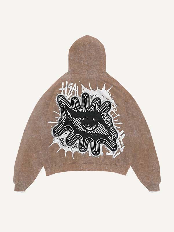 Distressed Washed Eye&Letter Faux Decal Print Slant Pockets Hoodie