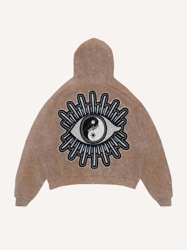 Distressed Washed Sun&Moon&Star&Eye Graphic Faux Decal Print Slant Pockets Hoodie