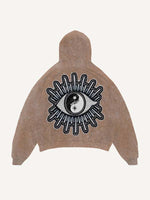 Distressed Washed Sun&Moon&Star&Eye Graphic Faux Decal Print Slant Pockets Hoodie