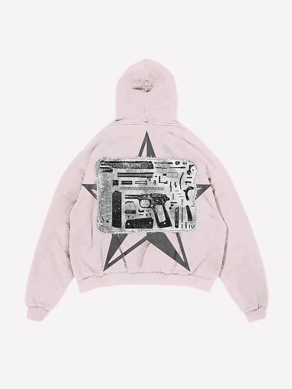 Distressed Washed Pistol&Letter Faux Decal Print Slant Pockets Hoodie
