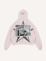 Distressed Washed Pistol&Letter Faux Decal Print Slant Pockets Hoodie