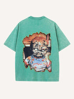 Distressed Washed Horror Print Round Neck T-shirt