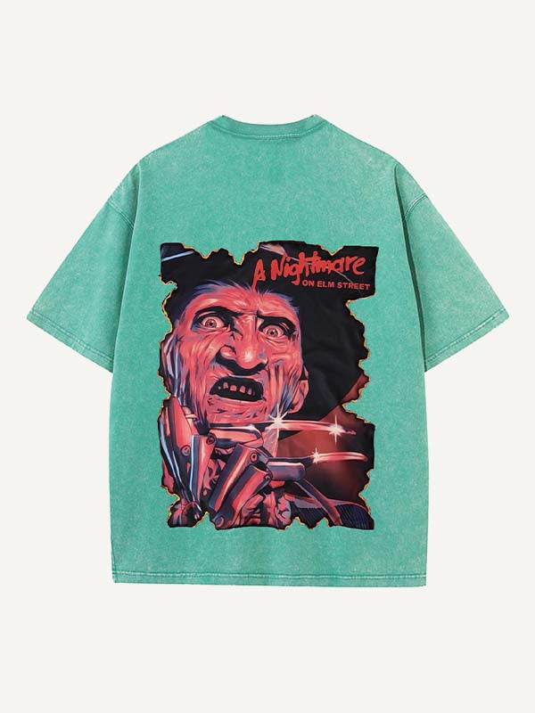 Distressed Washed Horror Print Round Neck T-shirt