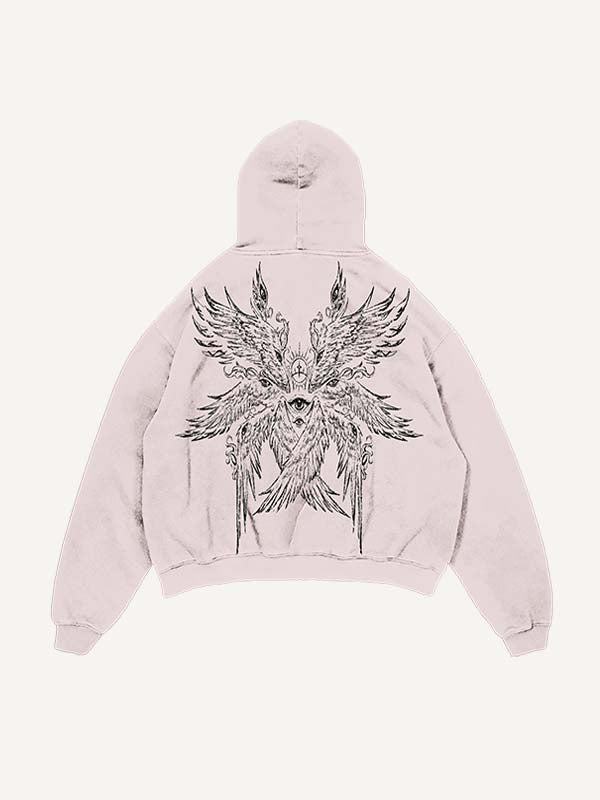 Distressed Washed Wing&Eye&Tears&Graphic Print Slant Pockets Hoodie