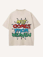 Distressed Washed Sun&Letter Print Round Neck T-shirt