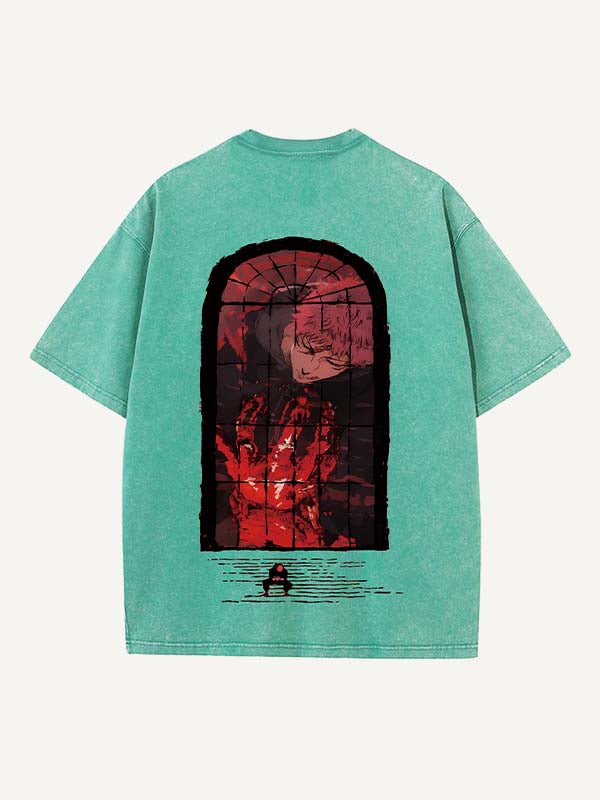 Distressed Washed Figure&Graphic&Fire Print Round Neck T-shirt