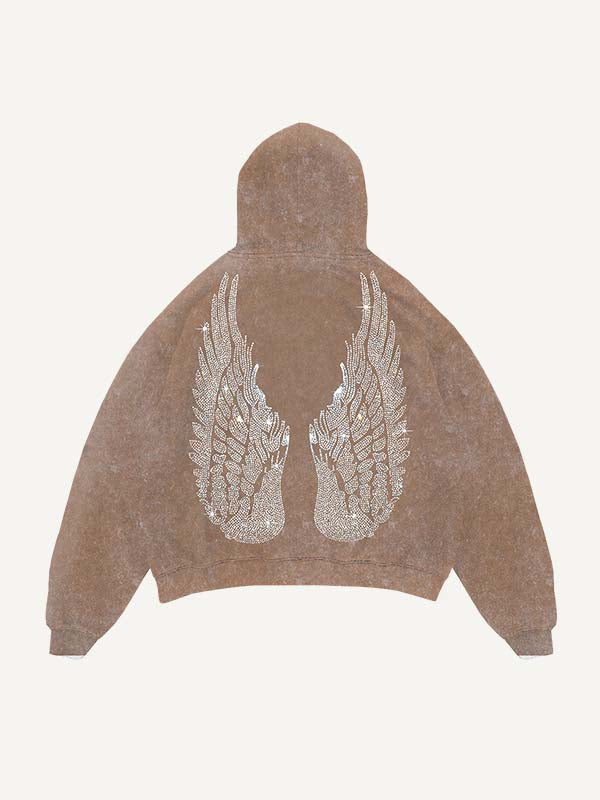 Distressed Washed Wing&Cross Faux Rhinestones Print Slant Pockets Hoodie
