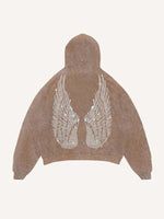 Distressed Washed Wing&Cross Faux Rhinestones Print Slant Pockets Hoodie