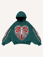 Skeleton&Heart&Wing Faux Decal Print Slant Pockets Hoodie