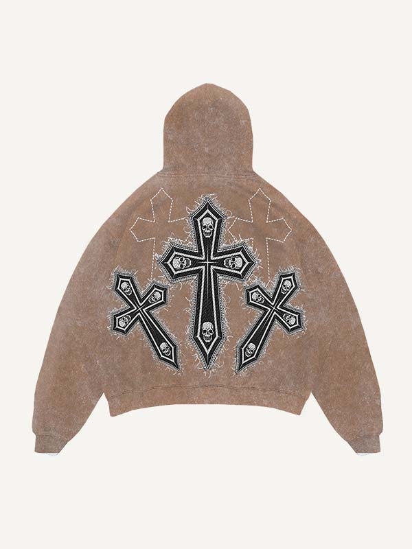 Distressed Washed Skull&Cross Faux Decal Print Slant Pockets Hoodie