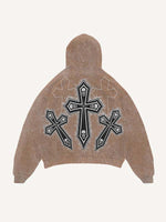 Distressed Washed Skull&Cross Faux Decal Print Slant Pockets Hoodie