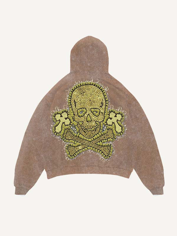 Distressed Washed Cross&Skull Faux Decal Print Slant Pockets Hoodie
