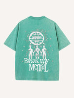 Distressed Washed Smiley Face&Graphic&Letter Print Round Neck T-shirt