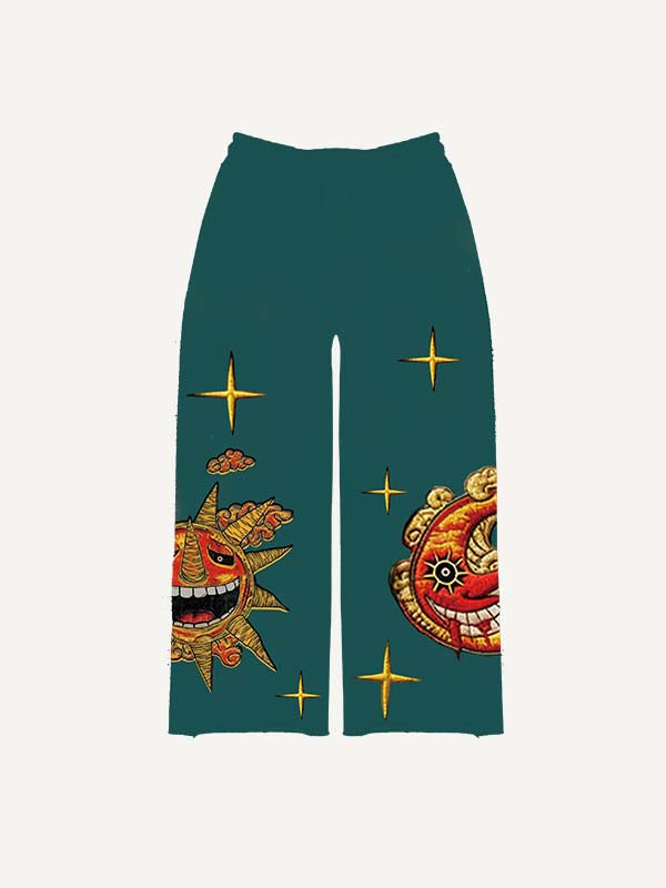 Evil Sun&Moon&Star&Cloud Faux Decal Print Elastic Waist Pants