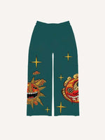 Evil Sun&Moon&Star&Cloud Faux Decal Print Elastic Waist Pants