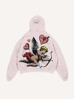 Distressed Washed Cupid&Heart Print Slant Pockets Hoodie