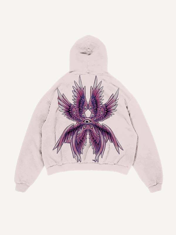 Distressed Washed Eye&Wing Print Slant Pockets Hoodie