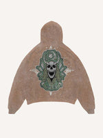 Distressed Washed Skull Faux Decal Print Slant Pockets Hoodie