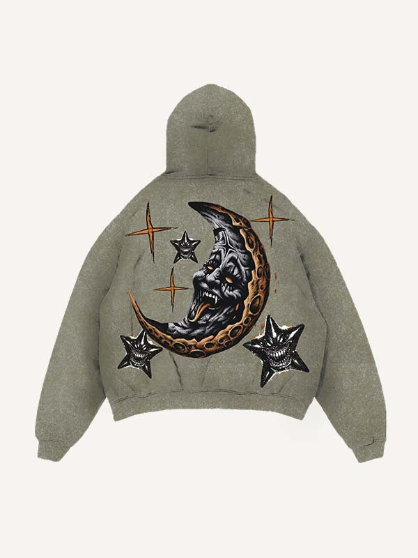 Distressed Washed Evil Moon&Sun&Cloud&Star Print Slant Pockets Hoodie