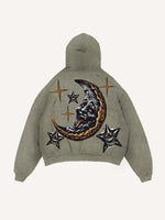 Distressed Washed Evil Moon&Sun&Cloud&Star Print Slant Pockets Hoodie