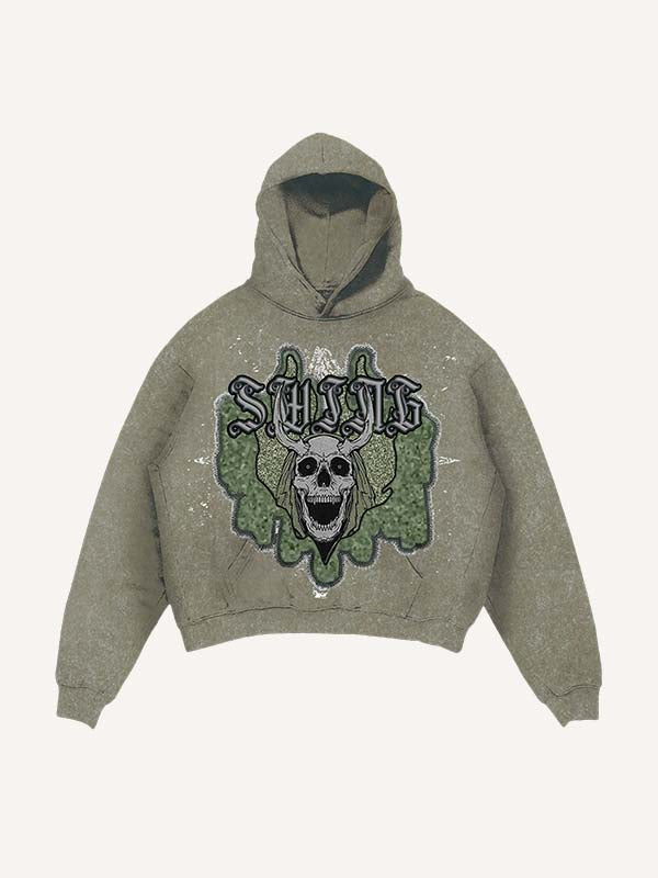 Distressed Washed Skull Faux Decal Print Slant Pockets Hoodie