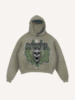 Distressed Washed Skull Faux Decal Print Slant Pockets Hoodie