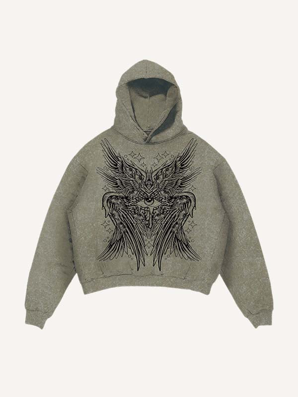 Distressed Washed Wing&Eye&Tears&Graphic Print Slant Pockets Hoodie
