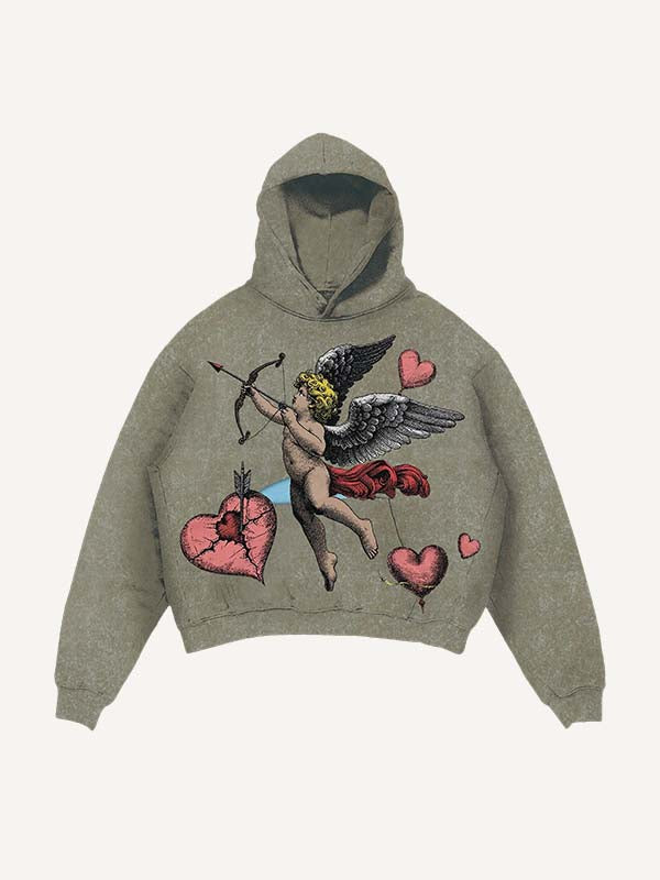 Distressed Washed Cupid&Heart Print Slant Pockets Hoodie