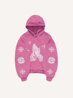 Mary&Letter Pray Faux Rhinestones Print Slant Pockets Hoodie