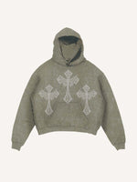 Distressed Washed Wing&Cross Faux Rhinestones Print Slant Pockets Hoodie