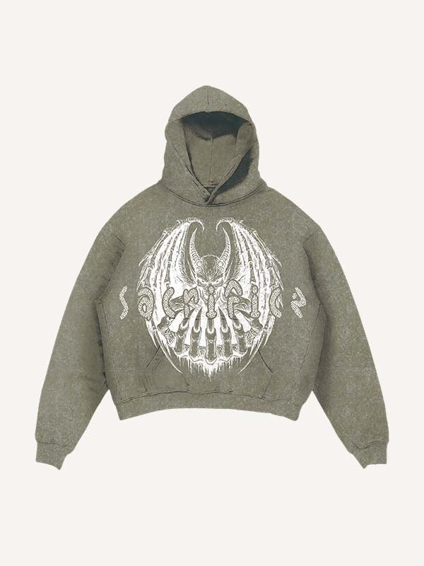 Distressed Washed Demon&Wing&Letter Faux Rhinestones Print Slant Pockets Hoodie