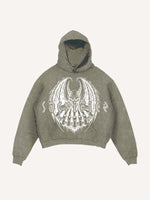 Distressed Washed Demon&Wing&Letter Faux Rhinestones Print Slant Pockets Hoodie