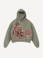 Distressed Washed Skeleton Injection Medicine&Letter Faux Decal Print Slant Pockets Hoodie