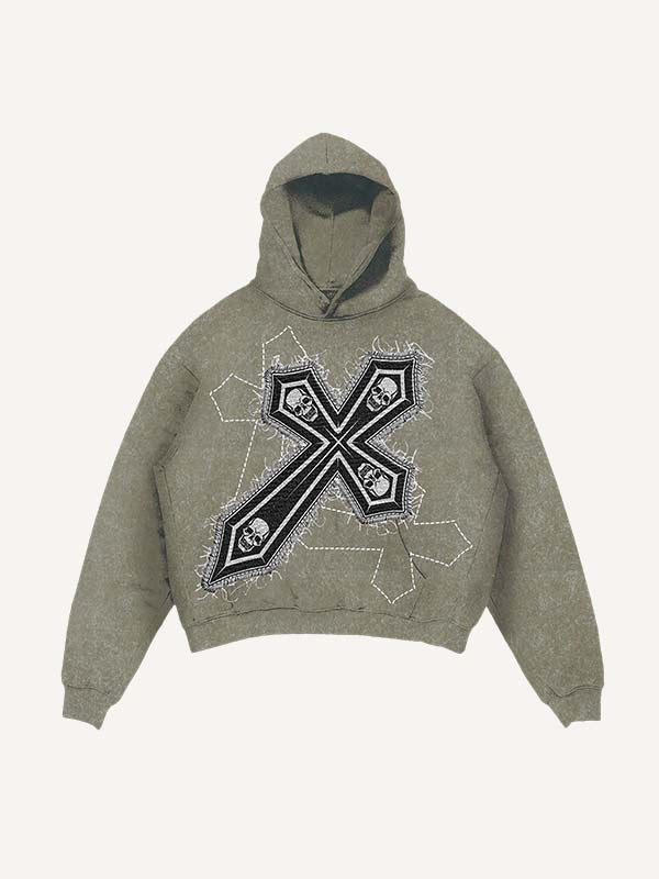 Distressed Washed Skull&Cross Faux Decal Print Slant Pockets Hoodie
