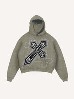 Distressed Washed Skull&Cross Faux Decal Print Slant Pockets Hoodie
