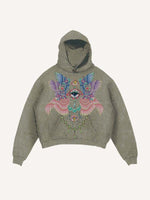 Distressed Washed Eye&Wing Print Slant Pockets Hoodie