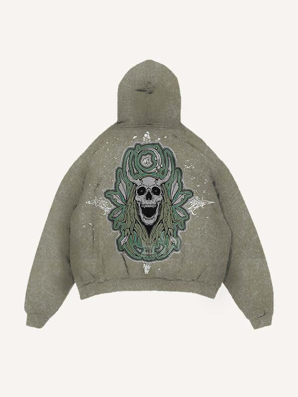 Distressed Washed Skull Faux Decal Print Slant Pockets Hoodie