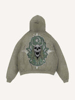 Distressed Washed Skull Faux Decal Print Slant Pockets Hoodie