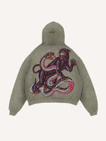 Distressed Washed Tiger&Snake&Panther Print Slant Pockets Hoodie