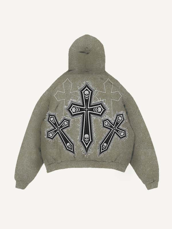 Distressed Washed Skull&Cross Faux Decal Print Slant Pockets Hoodie