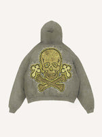 Distressed Washed Cross&Skull Faux Decal Print Slant Pockets Hoodie