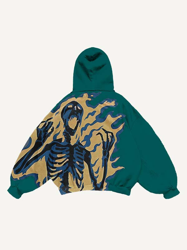 Fire Skeleton Print Slant Pockets Hoodie