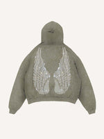 Distressed Washed Wing&Cross Faux Rhinestones Print Slant Pockets Hoodie