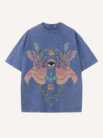Distressed Washed Eye&Wing Print Round Neck T-shirt