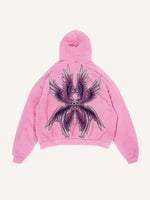 Distressed Washed Eye&Wing Print Slant Pockets Hoodie