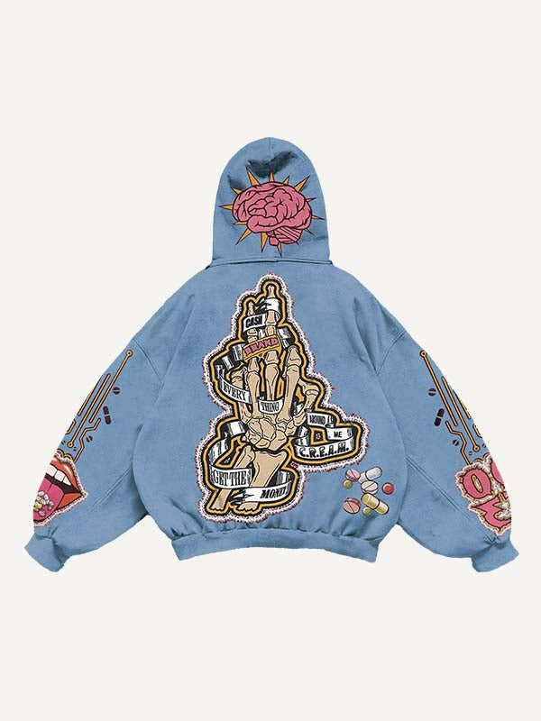 Skeleton Injection Medicine&Letter Faux Decal Print Slant Pockets Hoodie