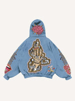 Skeleton Injection Medicine&Letter Faux Decal Print Slant Pockets Hoodie