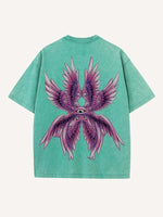 Distressed Washed Eye&Wing Print Round Neck T-shirt